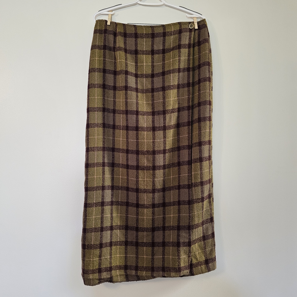 Studio C Green Plaid Maxi Wrap Skirt Vintage Paper Tag Whimsigoth Size 12 Grunge